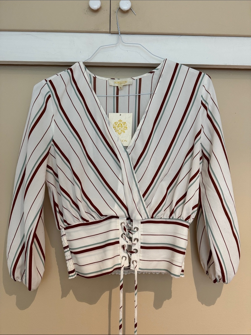 Rebellion White Blouse with Burgundy & Sage Green Stripes